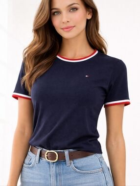 Tommy Hilfiger Navy Tee with Red & White Trim Size M Women's